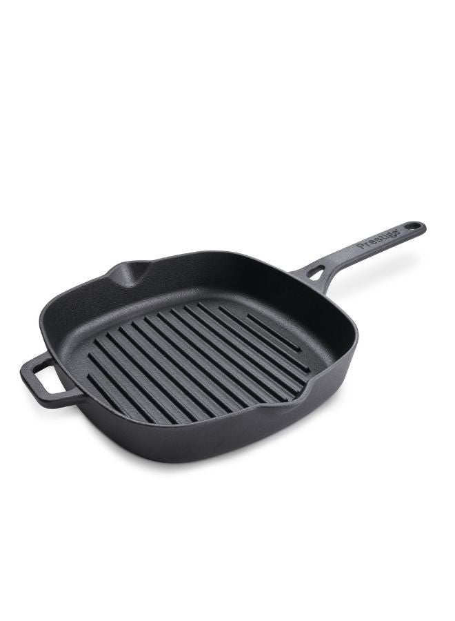 Prestige Cast Iron Grill 24 CM | Iron Grill Pan with Handle | Pre Seasoned Induction Cookware Black - PR48897