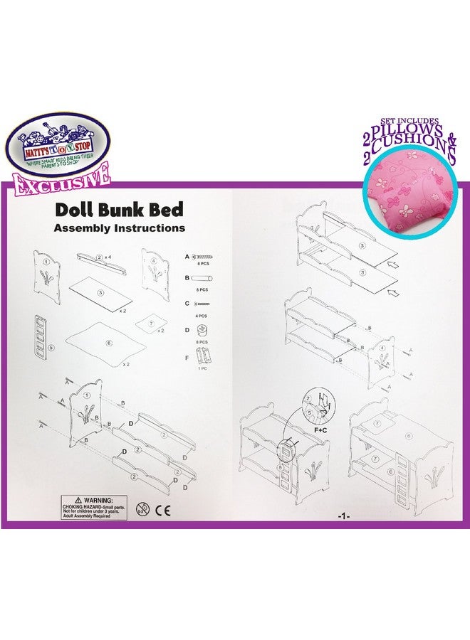 18 Inch Doll Furniture White Wooden Bunk Beds With 2 Pink Pillows 2 Pink Cushions & Ladderfits American Girl Dolls