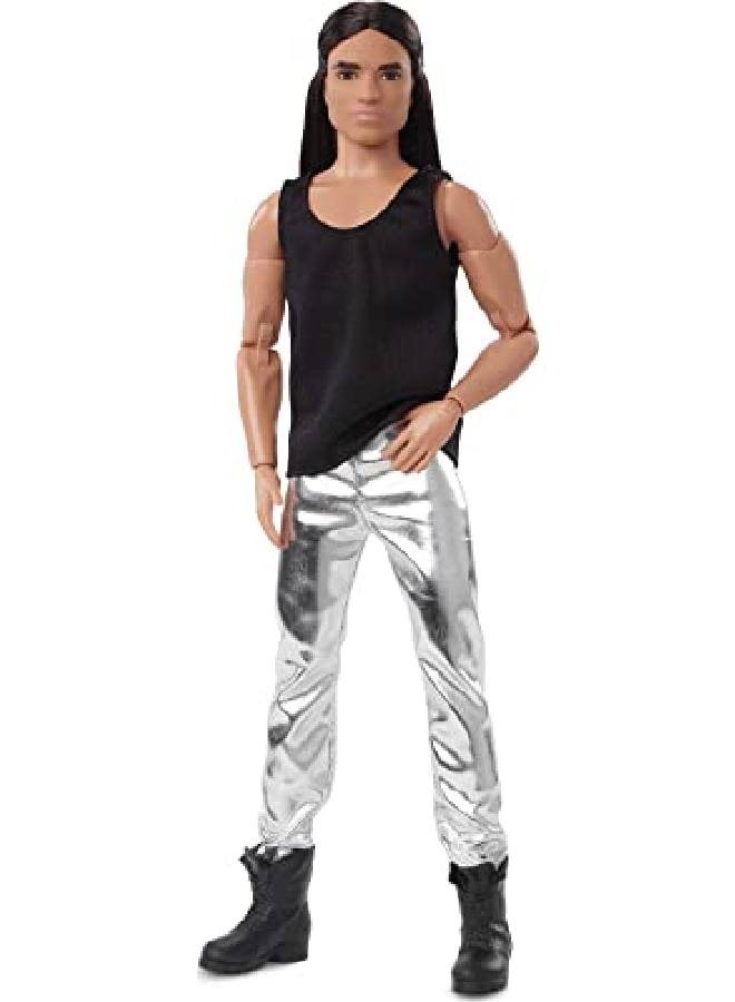 Barbie Signature Looks Ken Doll (Long Brunette Hair) Fully Posable Fashion Doll Wearing Black Tank Top & Metallic Pants, Gift For Collectors