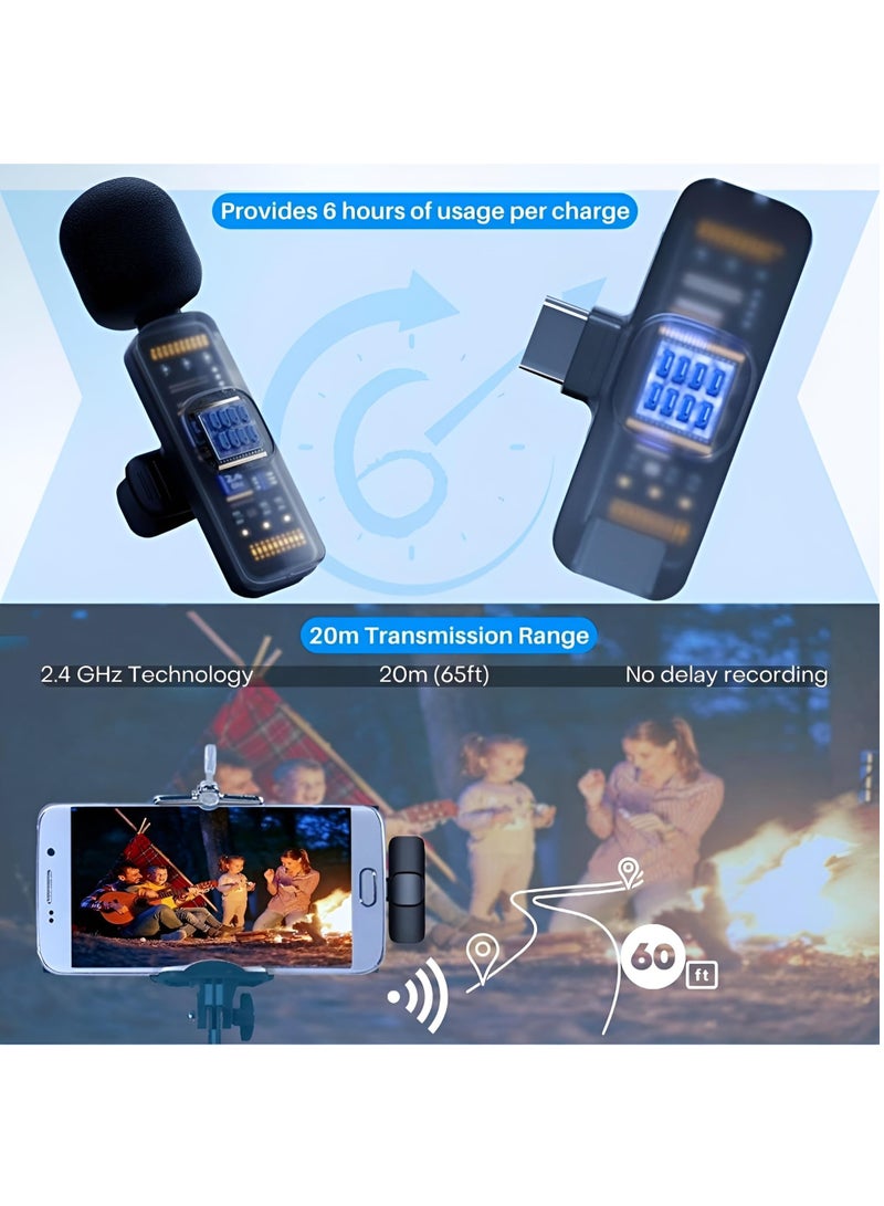 Wireless Microphone for iPhone and Android Compatible with Samsung S24 and iPhone 15 Series Wireless Lavalier Microphone for Android USB C Microphone for Video Recording Vlogging 2 in 1