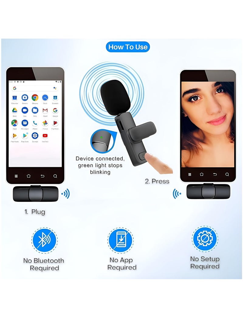 Wireless Microphone for iPhone and Android Compatible with Samsung S24 and iPhone 15 Series Wireless Lavalier Microphone for Android USB C Microphone for Video Recording Vlogging 2 in 1