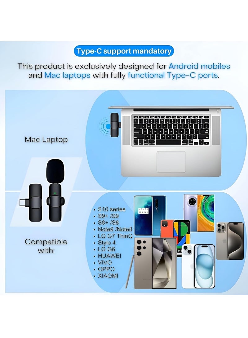 Wireless Microphone for iPhone and Android Compatible with Samsung S24 and iPhone 15 Series Wireless Lavalier Microphone for Android USB C Microphone for Video Recording Vlogging 2 in 1