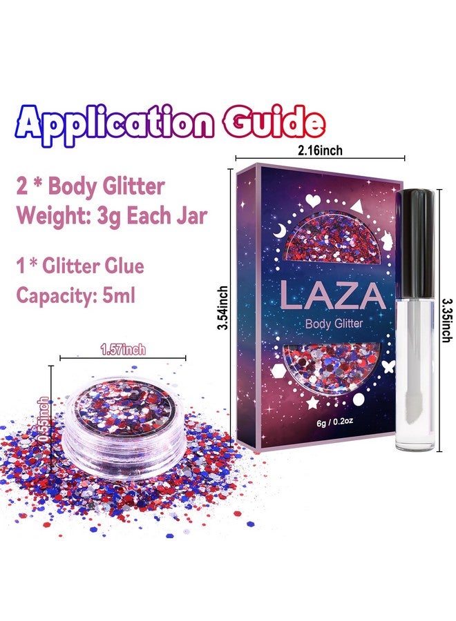 Independence Day Body Glitter 2 Jars Red Blue White Chunky Sequins With Glue Women Eyeshadow 4Th Of July Face Paint Festival Rave Outfit Hair Accessories Party Costumescircus Carnival