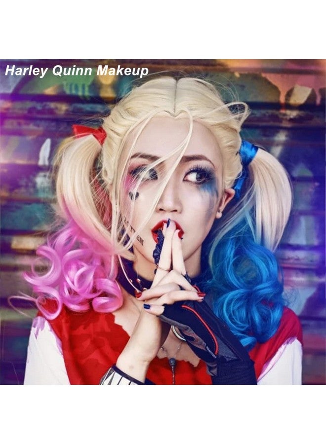 Face Paint Kit Halloween Harley Quinn Costumes Cosplay Party Makeup For Women Girls Kids Blue & Red Face Body Painting Cream Blendable Sticks Liquid Eyeliner Stamp Pen Accessories Set