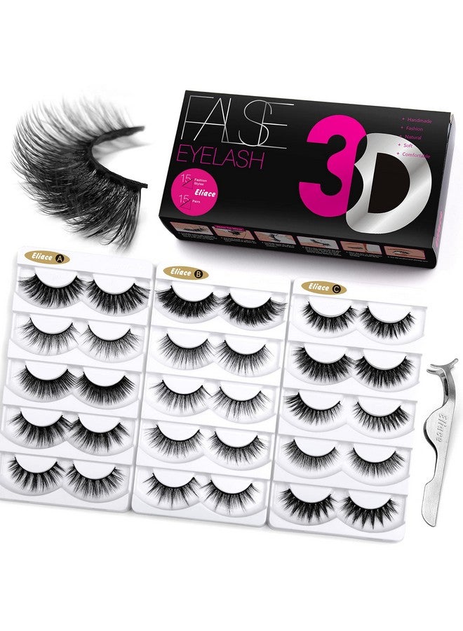 Fluffy Eyelashes 3D Mink Lashes Cat Eyes 15 Mixed Styles 15 Pairs Reusable Soft Fake Eyelashes Volume Strip Lashes Natural Look Wispies & Big False Eyelashes Packwith False Lashes Tweezers