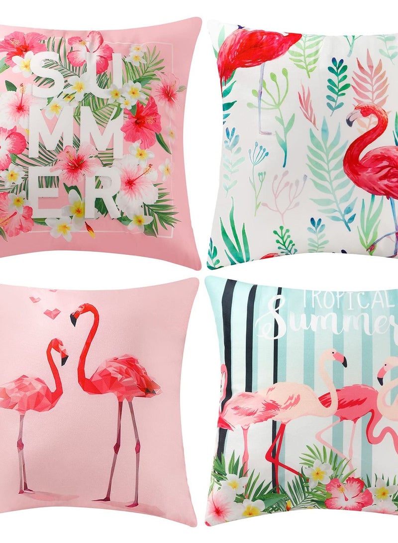 4 Pcs Flamingo Throw Pillow Covers, 18 X Inch Decorative Pink Bird Pillowcases Tropical Leaves Cushion Covers for Sofa Couch Summer Holiday Home Decor (Sets A)