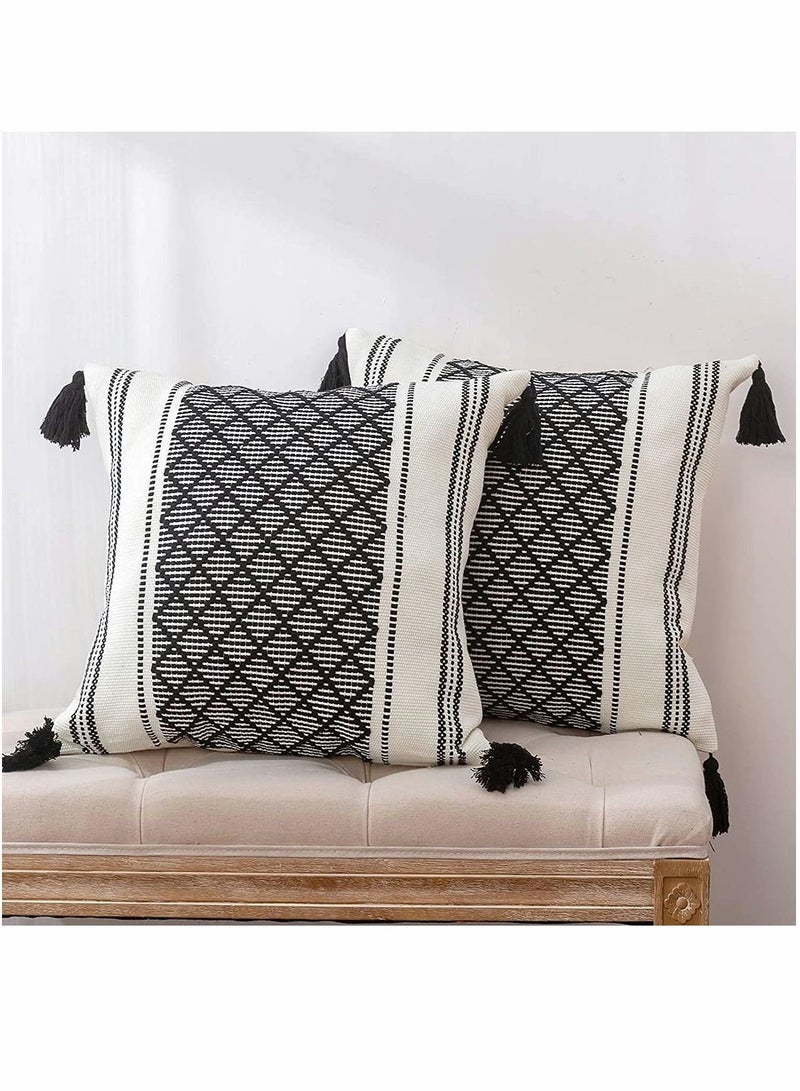 Set of 2 Boho Neutral Decorative Throw Pillow Covers 18x18 Inch Cotton Woven Diamond Jacquard Pattern Cases for Couch Sofa Bedroom Car Modern Accent Square Pillowcase Black