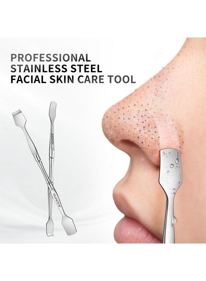 Double Headed Blackhead Spatula Pore Prep Tool Whitehead Remover Stainless Steel Cyan Pu Case 1Pack