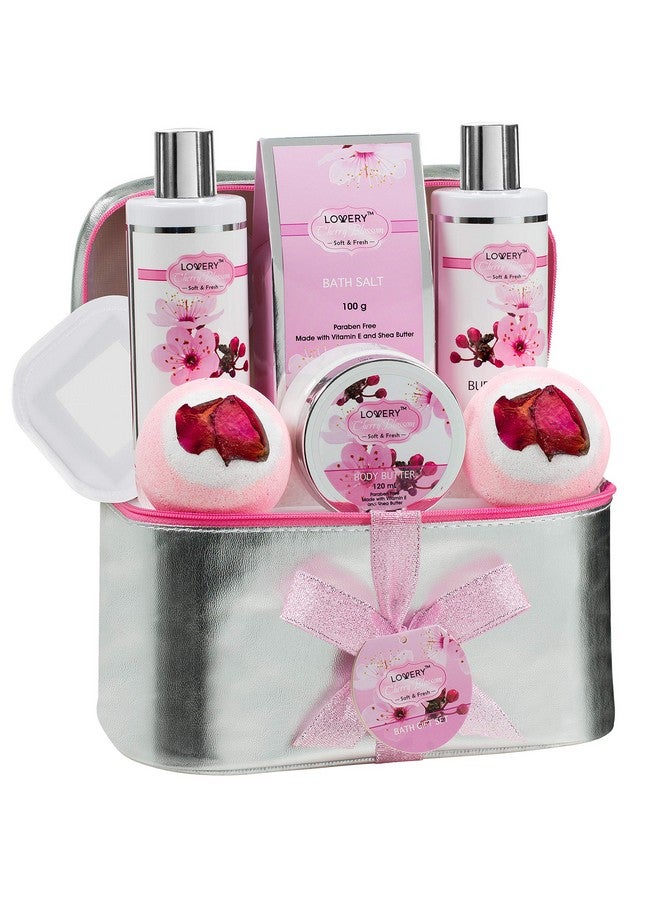 Valentines Giftsbath And Body Spa Gift Basket Set For Womencherry Blossom Home Spa Set With Fragrant Lotions 2 Extra Large Bath Bombs Mirror And Silver Reusable Travel Cosmetics Bag And More
