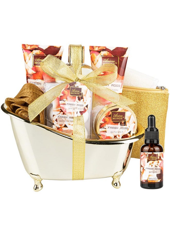 Bath And Body Gift Set For Women & Men 10 Pcs Spa Gift Basket With Fresh Rose Scent Includes Shower Gel Bubble Bath Body Lotion And Scrub Bath Salt Bath Bombs Bath Puff Bath Oil