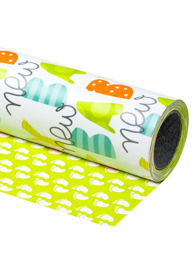 Reversible Wrapping Paper Roll Mini Roll Baby And Footprint Pattern Great For Baby Shower Birthday Party 17.5 Inches X 32.8 Feet