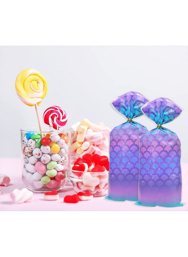 Mermaid Party Favor Bags 50Pcs Plastic Flat Cello Cellophane Candy Goodie Treat Bakery Bags With 50Pcs Twist Ties For Wedding Birthday Gift Wrapping (Blue&Purple)