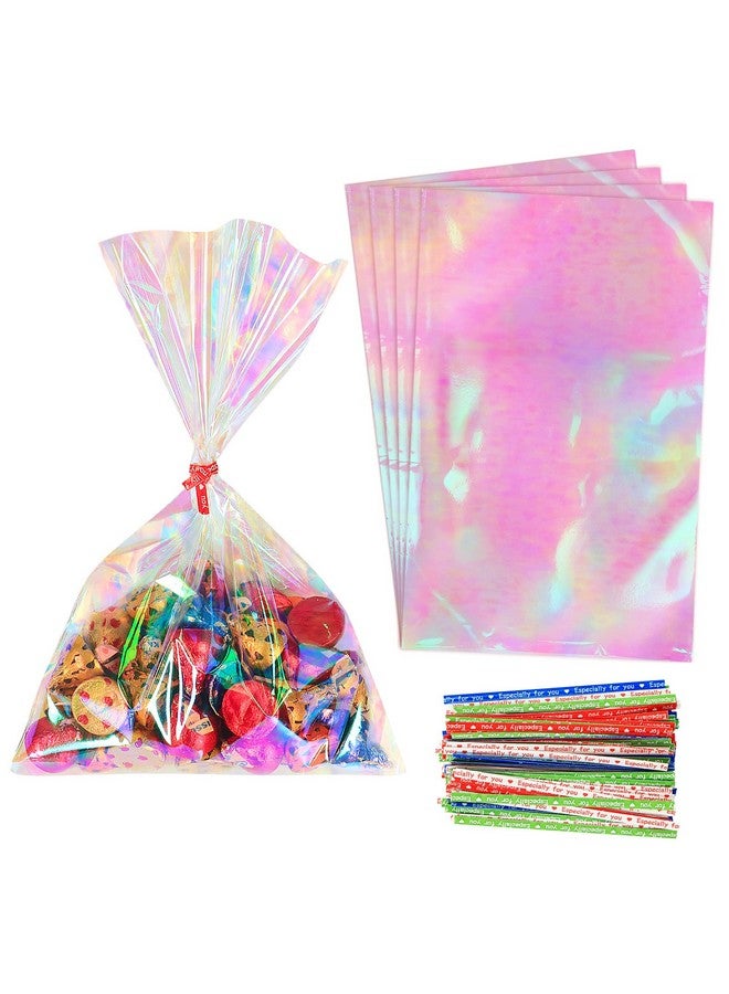 120Pcs Iridescent Cellophane Treat Bags With Ties 6X9 Inch Holographic Plastic Goody Bags For Candy Party Favors Small Gifts