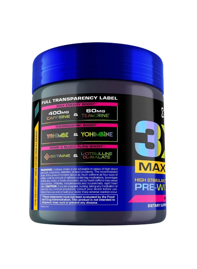 3XT Max Energy, High Stimulant And Thermogenic Pre-Workout, Fruit Punch Flavour, 30Servings