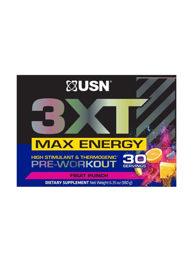 3XT Max Energy, High Stimulant And Thermogenic Pre-Workout, Fruit Punch Flavour, 30Servings