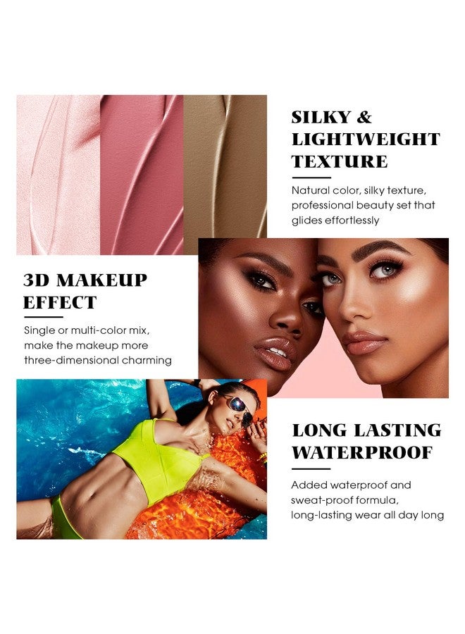 3 Pcs Cream Contour Stick Makeup Kit With Brush Cream Blush & Highlighter & Contour Bronzer Stick For Cheeks Lightweight Blendable Dewy Finish Face Makeup Set For All Skin (02 05 06)