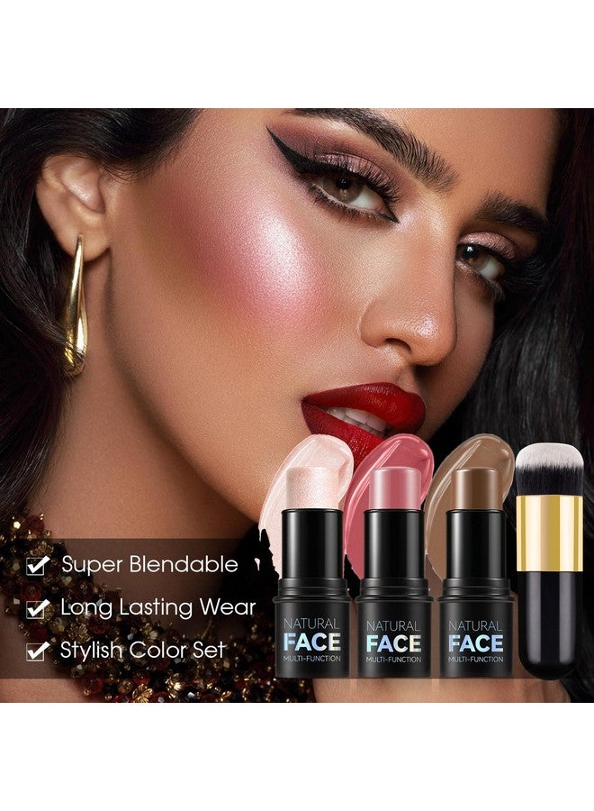 3 Pcs Cream Contour Stick Makeup Kit With Brush Cream Blush & Highlighter & Contour Bronzer Stick For Cheeks Lightweight Blendable Dewy Finish Face Makeup Set For All Skin (02 05 06)