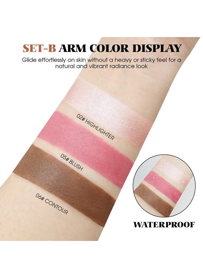 3 Pcs Cream Contour Stick Makeup Kit With Brush Cream Blush & Highlighter & Contour Bronzer Stick For Cheeks Lightweight Blendable Dewy Finish Face Makeup Set For All Skin (02 05 06)
