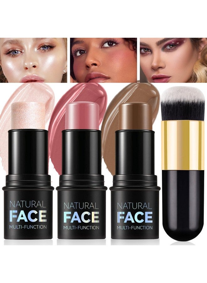 3 Pcs Cream Contour Stick Makeup Kit With Brush Cream Blush & Highlighter & Contour Bronzer Stick For Cheeks Lightweight Blendable Dewy Finish Face Makeup Set For All Skin (02 05 06)
