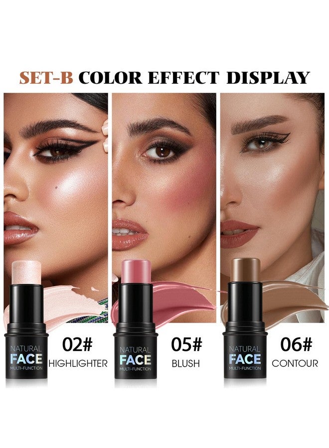 3 Pcs Cream Contour Stick Makeup Kit With Brush Cream Blush & Highlighter & Contour Bronzer Stick For Cheeks Lightweight Blendable Dewy Finish Face Makeup Set For All Skin (02 05 06)
