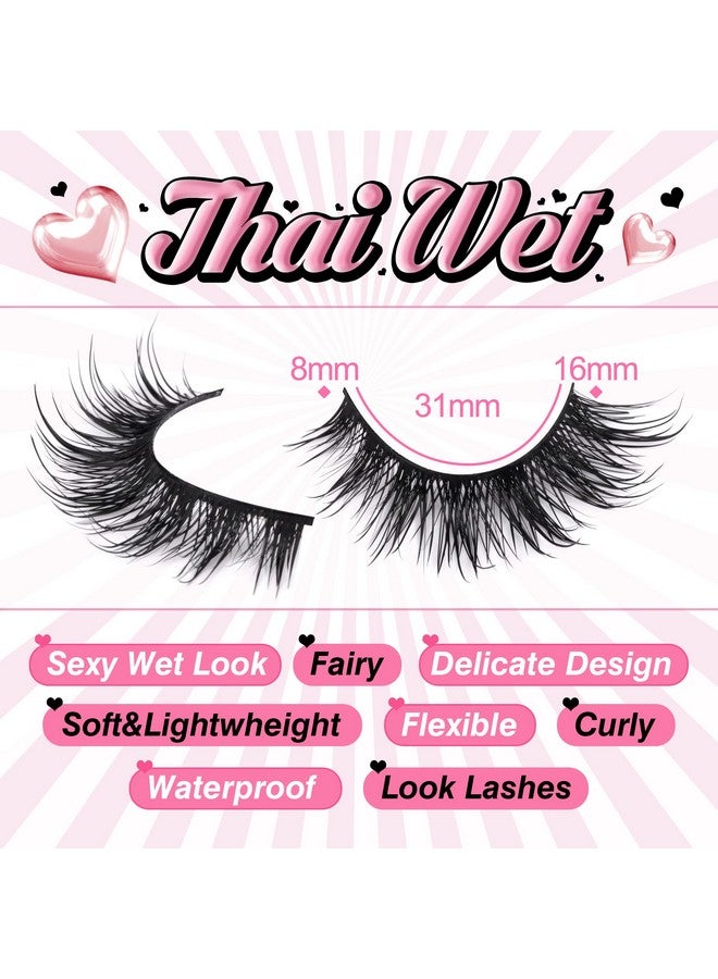 Natural False Lashes Wet Look Cat Eye Lashes Wispy Asian False Eyelashes 3D Mink Lashes 16Mm Thai Fairy Lashes 14 Pairs Fake Eyelashes Pack