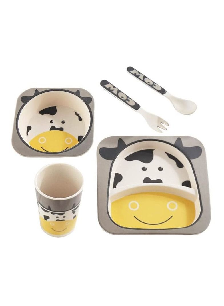 Bamboo Kids Plate and Bowl Set | Matching Dishes for Toddlers Ages 1+ 5 Piece Divided Dinnerware Includes Plate, Bowl, Cup & Utensils Reusable, BPA Free Dishwasher Safe Toddler Set(Cow)