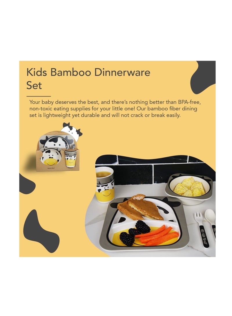 Bamboo Kids Plate and Bowl Set | Matching Dishes for Toddlers Ages 1+ 5 Piece Divided Dinnerware Includes Plate, Bowl, Cup & Utensils Reusable, BPA Free Dishwasher Safe Toddler Set(Cow)