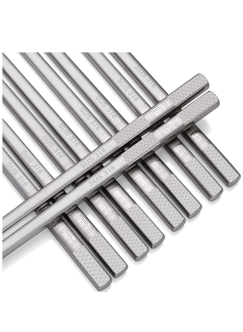 Stainless Steel Chopsticks, Silver Metal Reusable Dishwasher Safe Chopsticks Square Lightweight Chop Non-slip Sticks, Gift Set 5 Pairs