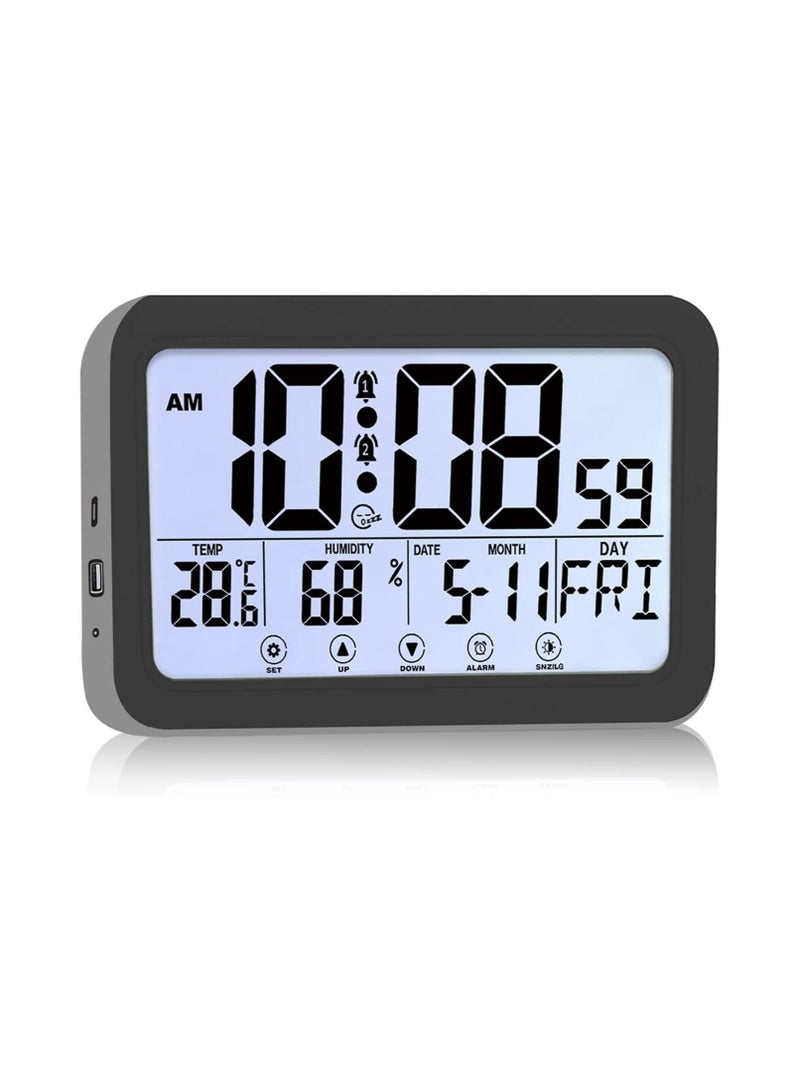 SYOSI Digital Clock, with Calendar, Temperature and Humidity Detection, Large LED Display Alarm Desktop Clock Thermometer, Wall for Home Office, Black