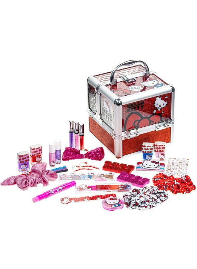 Hello Kittytownley Girl Train Case Cosmetic Makeup Set Includes Lip Gloss Eye Shimmer Nail Polish Hair Accessories & More For Girls Ages 3+ Perfect For Parties & Makeovers