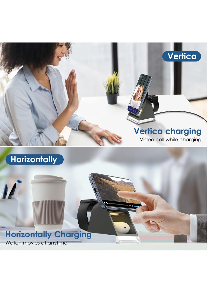 Wireless Charger, 3 in 1 Wireless Charging Station with Night Lamp & Adapter, Wireless Charger iPhone 15/14/13/12, Wireless Charger Stand Apple Watch 9/8/7/6/5/4/3/2/SE, /3/2, Samsung Buds