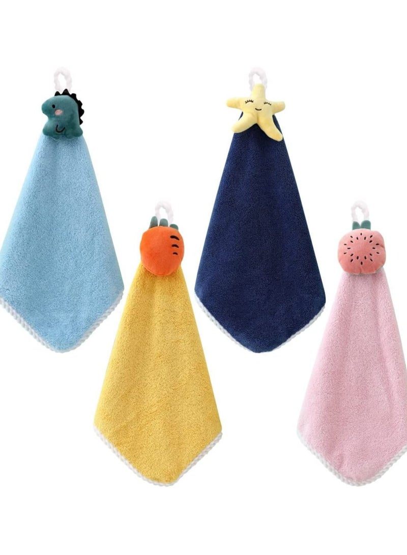 4 Pcs Cute Animals or Fruit Hand Towels, Absorbent Hanging Coral Velvet Towels with Loops for Kitchen Bathroom
