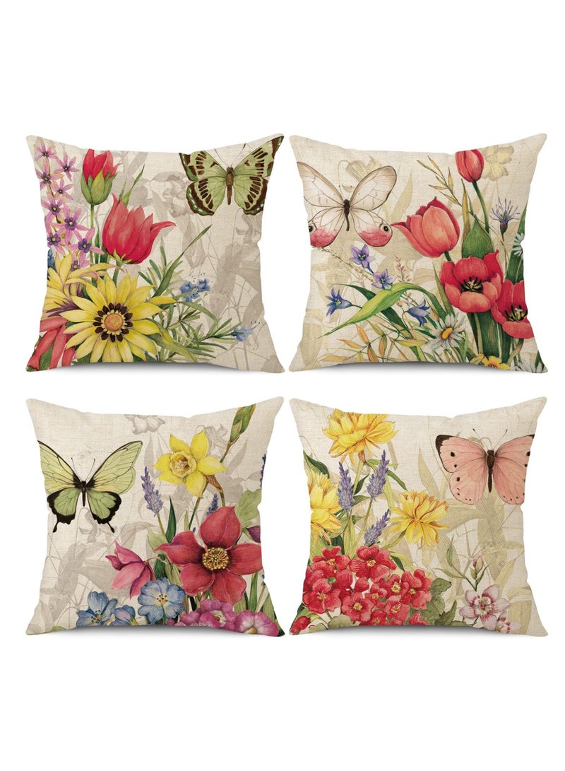 Throw Pillow Covers, 4Pcs Square Decorative Spring Soft Linen Print Flower Butterfly Pillowcases for Sofa Couch Living Room Outdoor (18 x 18inch)