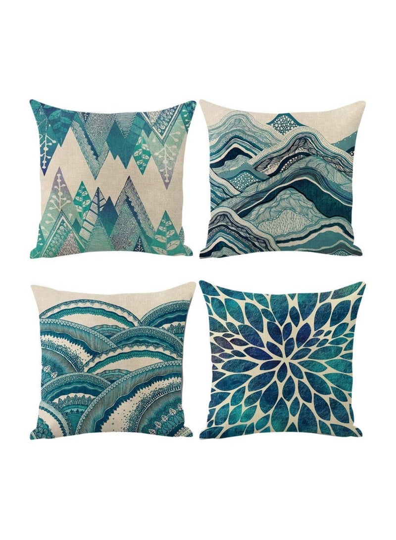 Set of 4 Teal Throw Pillow Covers Ocean Bohemia Decorative Couch Cases Sea Cotton Linen Case Tuquoise Coastal Cushion Cover for Sofa, Bed and Car (45 * 45 cm)