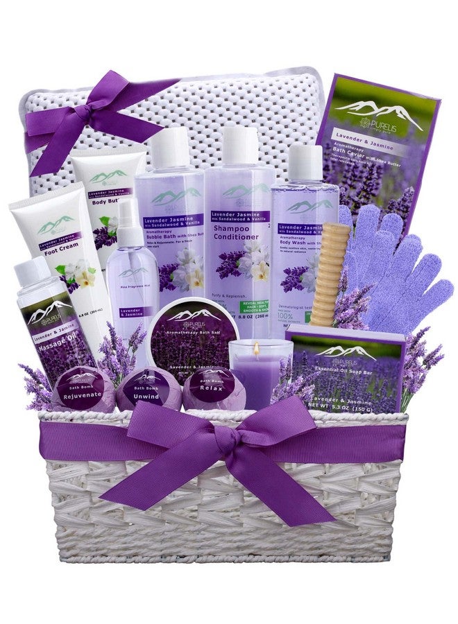 Bath Gift Baskets For Women. Purelis Xl Lavender & Jasmine Bath Gifts For Her Spa Basket Is Filled With All Natural Spa Goodies Sulfate & Paraben Free.