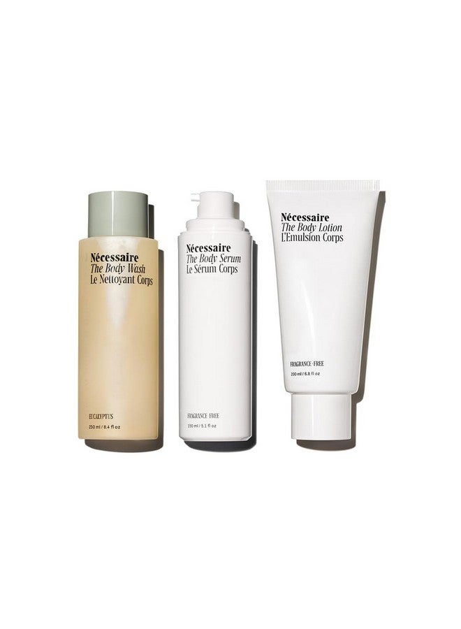 The Body Essentials Gift Set The Body Wash + The Body Lotion + The Body Serum. Replenish Hydrate Firm With Vitamins Omegas Glycerin Niacinamide Hyaluronic Acid Peptides.