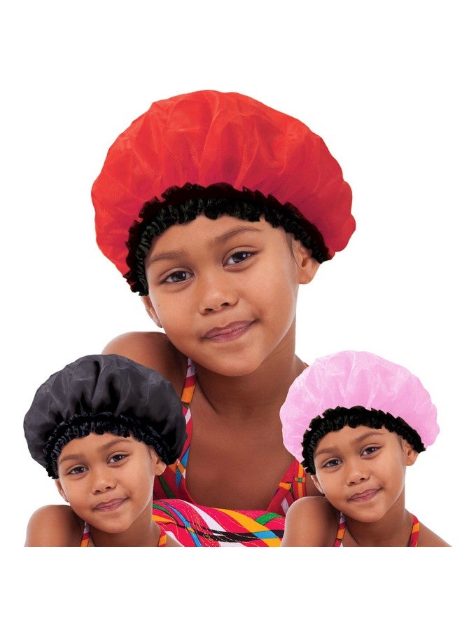 Kids Satin Bonnet Sleeping Cap 3Pc Hair Bonnet Soft Satin Kids Hair Bonnet(Blackredpink)