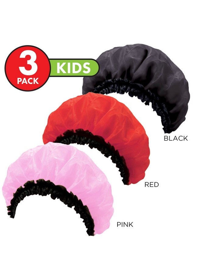 Kids Satin Bonnet Sleeping Cap 3Pc Hair Bonnet Soft Satin Kids Hair Bonnet(Blackredpink)