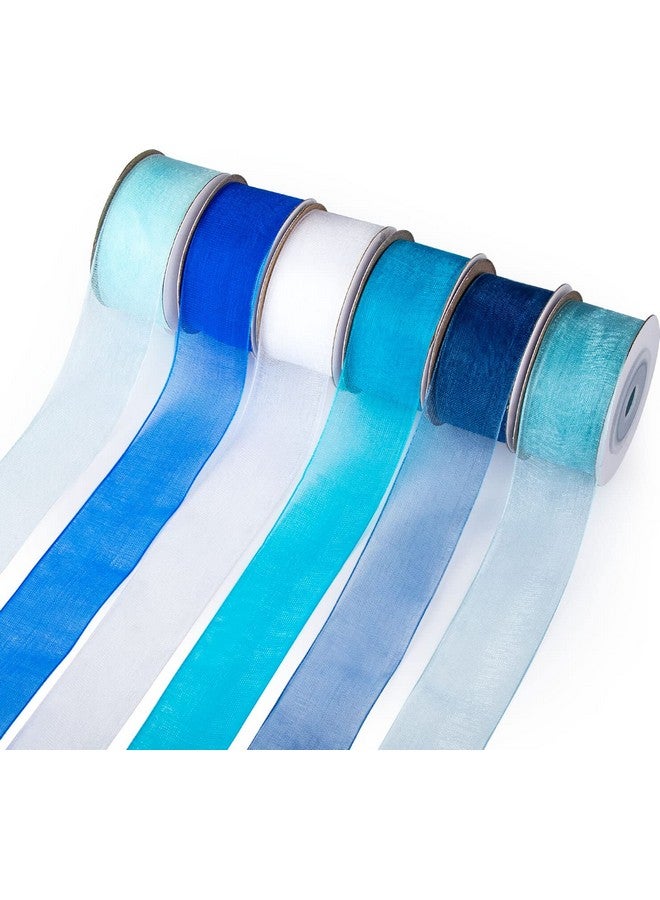 6 Roll 1 Inch Wide Blue Organza Ribbon Sheer Chiffon Ribbon For Gift Wrapping(Blue)