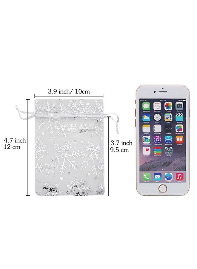 100Pcs Snowflake Organza Gift Bags Christmas 3.9 X 4.7 Inch Small White Mesh Jewelry Pouches Little Drawstring Candy Bags