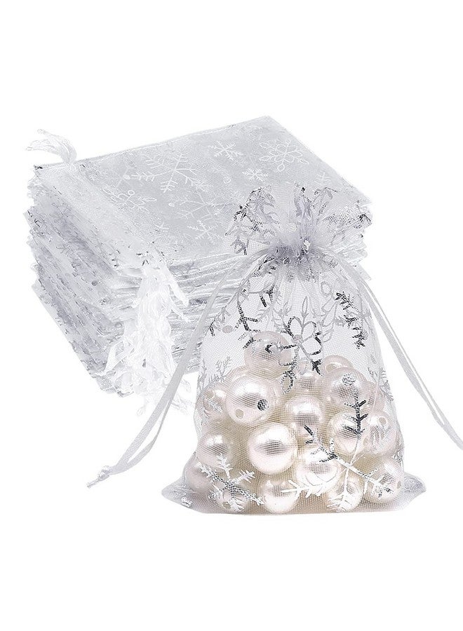 100Pcs Snowflake Organza Gift Bags Christmas 3.9 X 4.7 Inch Small White Mesh Jewelry Pouches Little Drawstring Candy Bags