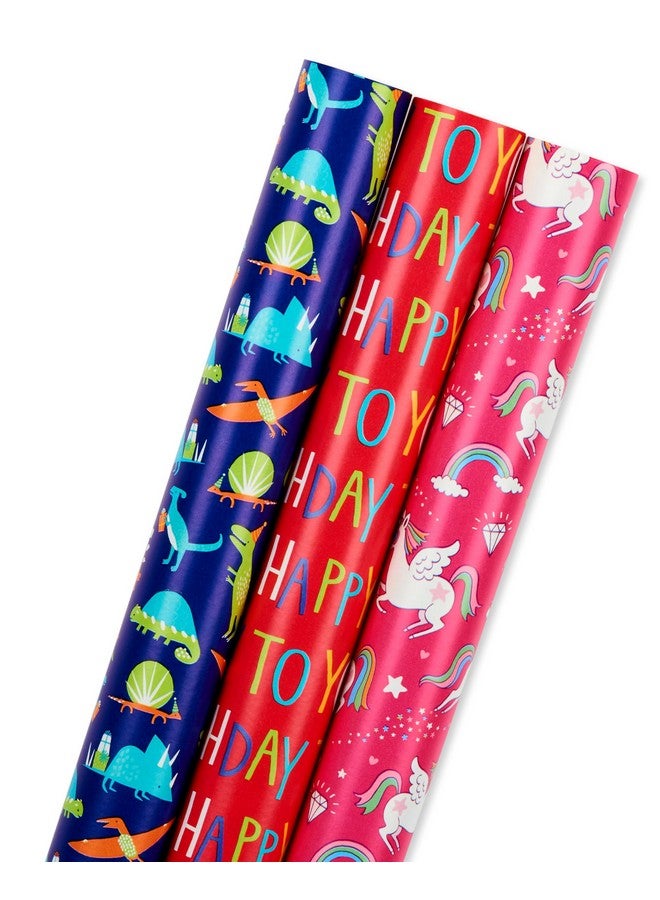 Reversible Birthday Wrapping Paper For Kids Dinosaurs And Unicorns (3 Rolls 120 Sq. Ft)