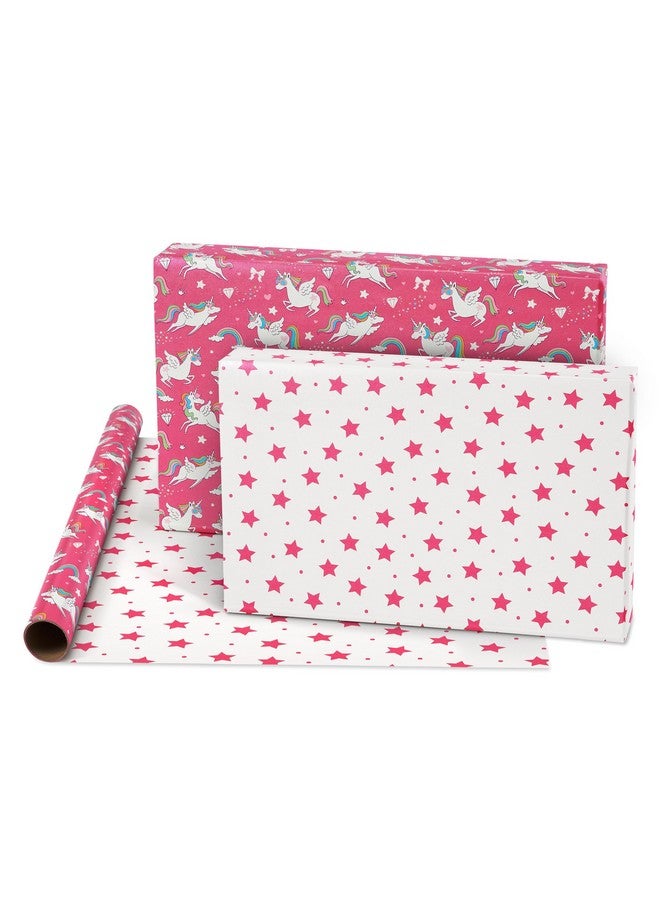 Reversible Birthday Wrapping Paper For Kids Dinosaurs And Unicorns (3 Rolls 120 Sq. Ft)