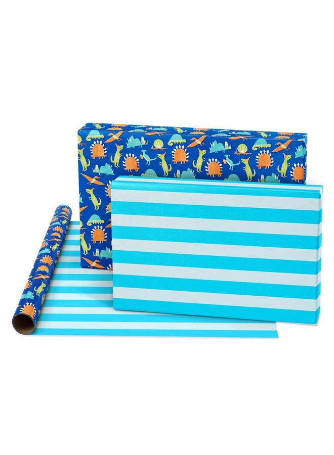 Reversible Birthday Wrapping Paper For Kids Dinosaurs And Unicorns (3 Rolls 120 Sq. Ft)