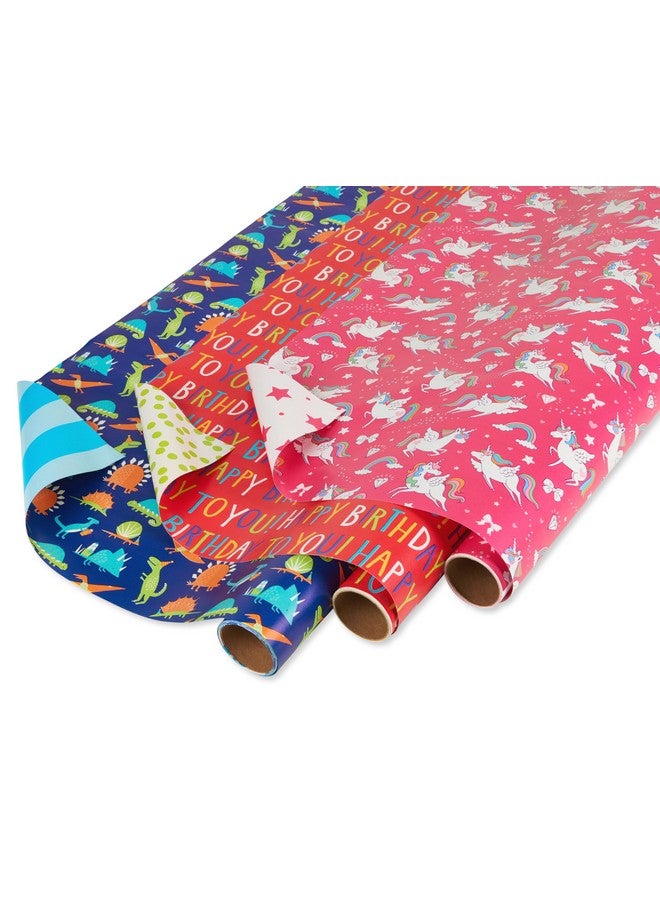 Reversible Birthday Wrapping Paper For Kids Dinosaurs And Unicorns (3 Rolls 120 Sq. Ft)