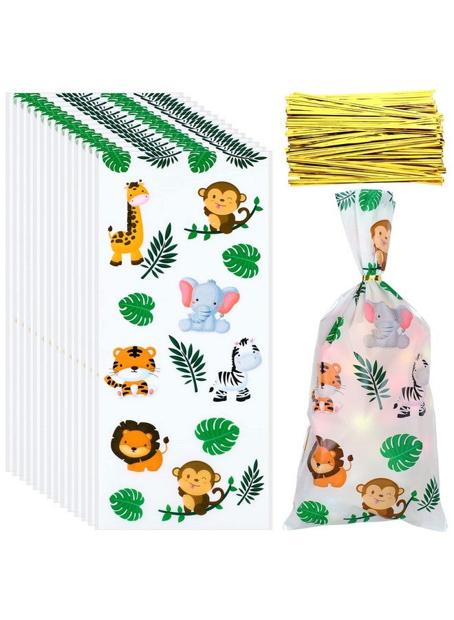 100 Pcs Jungle Animal Party Favors Bags Safari Animal Plastic Goody Treat Bags Safari Jungle Cellophane Gift Bags With Ribbons For Baby Shower Favors Jungle Theme Party Supplies For Birthday Party