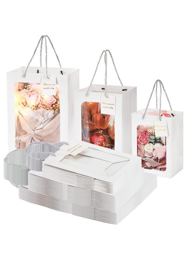 24 Pack White Gift Bags With Clear Window And Handles Transparent Bouquet Gift Bags Tote Paper Bags For Gift Packing Shopping 25X15X35Cm/20X16X30Cm/18X13X25Cm