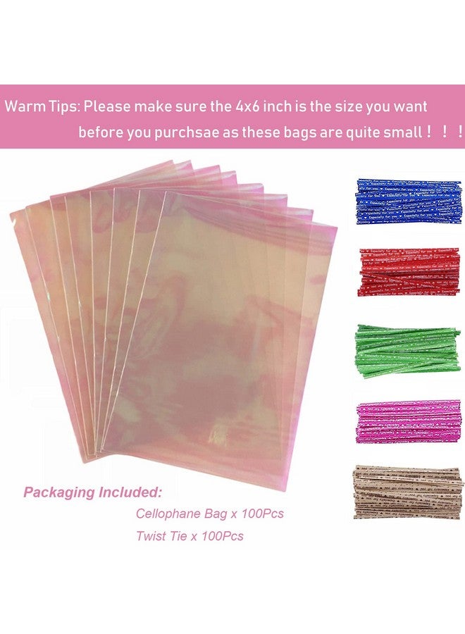 Valentine'S Day Iridescent Holographic Cellophane Treat Bags4X6 Inch Party Favor Cookie Bags With 5 Colors Twist Ties For Baby Showers Weddings Birthday Party100Pcs