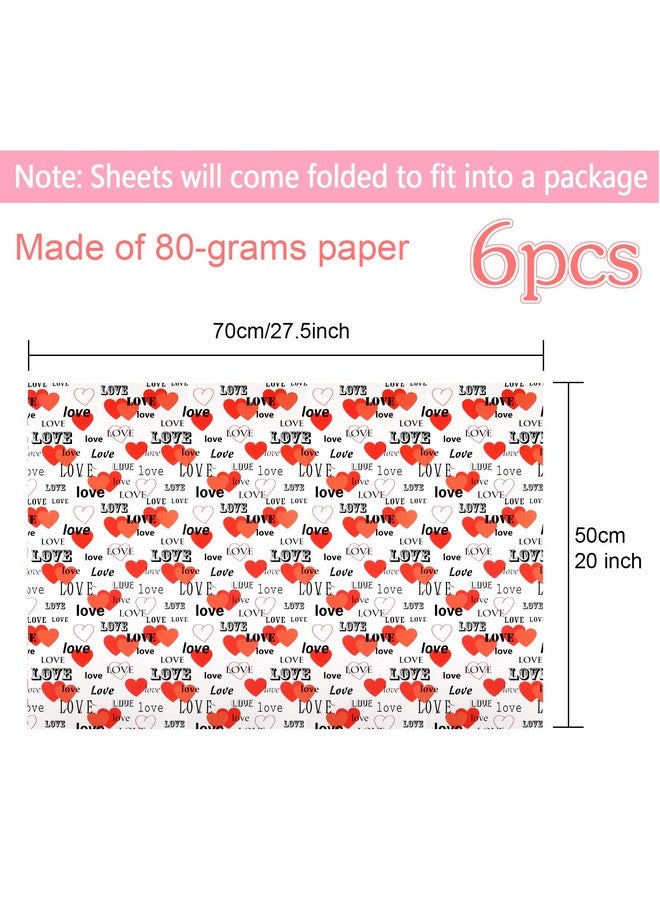 6 Pcs Heart Wrapping Paper Printed Patterned Tissue Valentines Gift Wrap Red Tissue Paper For Gift Wrap Supply(50 * 70Cm)