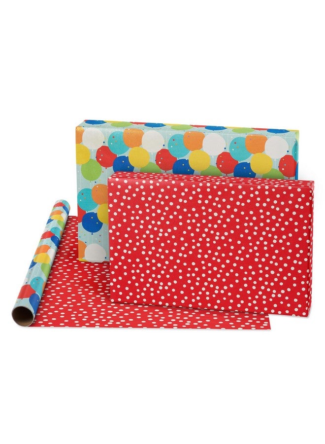 Reversible Birthday Wrapping Paper Stars Polka Dots And Balloons (3 Pack 120 Sq. Ft)